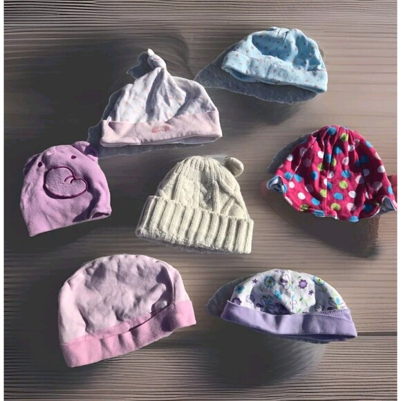 Lot Of 7 Baby Girl Hats Sizes Newborn- 6 Months Summer Sunhat Winter Beanie Cute - Picture 1 of 11